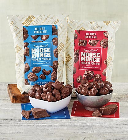 Moose Munch&#174; Premium Popcorn All Milk Chocolate and All Dark Chocolate Extra-Large Duo